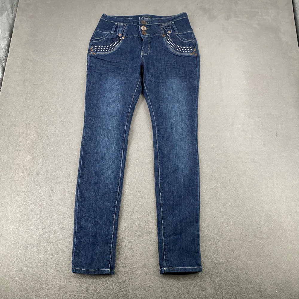 La Bonita Y2K Dark Wash Rhinestone Studded Skinny Jeans Size 15